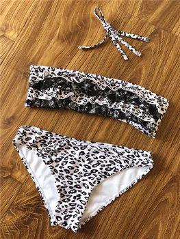  Леопардовое бикини Bandow Бански костюми, Дамски бразилски бикини Дамски секси бански повдигащ Плажни дрехи за плуване, Бански без презрамки