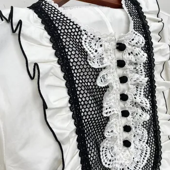  Летни Нови дамски Причинно-следствена Модни Блогъри В стил с Контрастиращи черни Бродерии Дантелени Лоскутные бели памучни блузи с къс ръкав