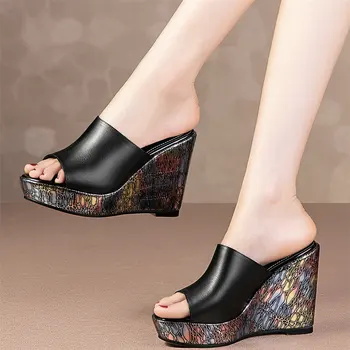  Летни чехли в стил пънк За жени от естествена кожа в танкетке Сандали-гладиатори обувки с високи токчета за дамски обувки-лодка на платформа с отворени пръсти Ежедневни обувки