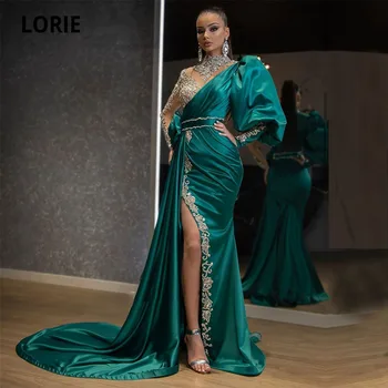  ЛОРИ Арабски вечерни рокли с високо деколте, украсено с перли и кристали, с цепка отстрани, Атласное рокля с дълъг ръкав, Зелена рокля за бала в Дубай, вечерна рокля