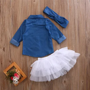  Мода 0-5 Т Комплект за малки момичета Деним риза Топ +Поли-опаковки+Превръзка на главата 3 бр. Комплекти дрехи Есен-пролет Комплект детски дрехи
