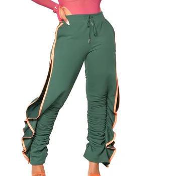  Модерен секси лоскутные кухи панталони с рюшами, женски нагънат зелени панталони на съвсем малък, Есенни Нови обикновена улични спортни панталони