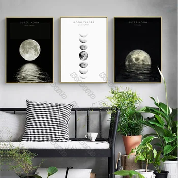  Модерен Стил Платно Живопис Плакат Минималистични Изображения на Луната В Различни Фази Черно-Бели Цветове за Декорация на Дома Стаи