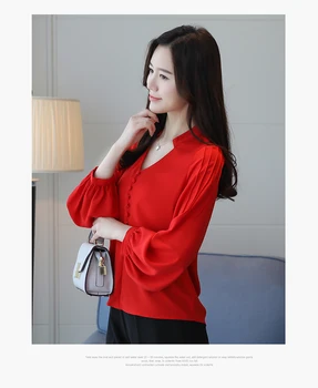 модни дамски блузи с дълъг ръкав дамски ризи червена шифоновая блуза, риза с V-образно деколте офис работно облекло дамски потници и блузи 0603 60