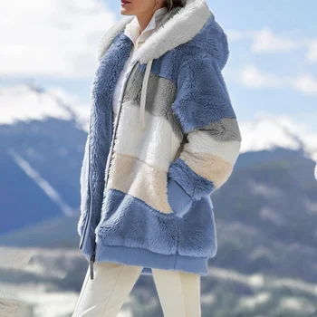  Модни дамски топли зимни кожени палта Дамски лоскутные яке с качулка и джобове с цип Плюс Размер Дебела горна дреха