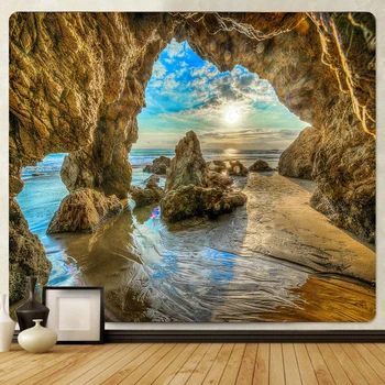  Морски пейзаж пещера кошмарен сцена декорация на дома, художествена печат гоблен хипи богемное украса стенен гоблен
