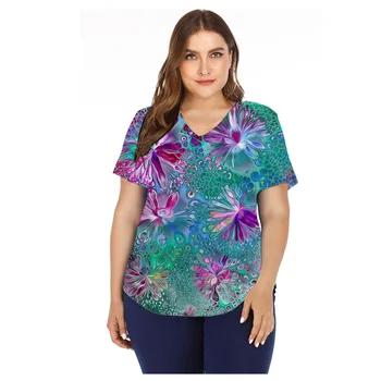  Нова мода женска тениска с къс ръкав и цветна принтом Лятна тениска с V-образно деколте Ежедневно градинска дрехи, Дамски блузи, Плюс размера на памучен тениска 2021