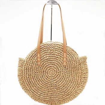  Нова натурална дамска чанта, голяма пазарска чанта ръчна изработка голяма сламена чанта кръгла популярна сламена дамска чанта на рамото чанта за плаж, отдих L3
