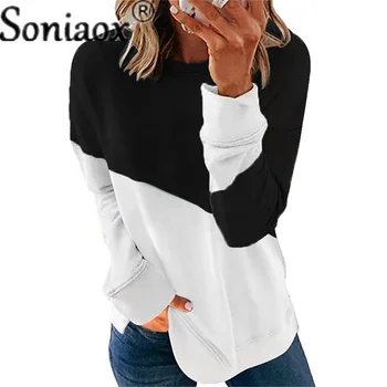  Нови дамски свободни блузи, Модни есенни пуловери с дълъг ръкав и кръгло деколте За жени в контрастен цвят с нарязани Блузи, дамски жилетки голям размер