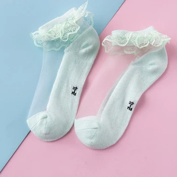  Нови летни Копринени стъклени чорапи за малки момичета с кружевными накъдрен, тънки къси чорапи от щиколотку, Памук, дишащи меш детски чорапи