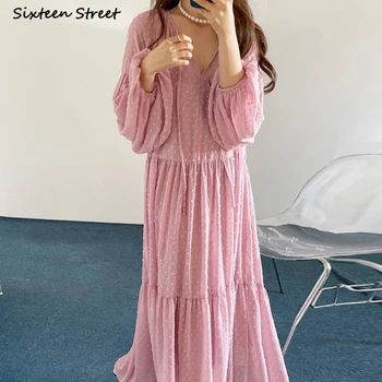 Ново винтажное рокля на точки За жени с V-образно деколте и ръкав-фенерче Негабаритное рокля Vestido Дамски корейската мода Елегантна шифоновая облекло Жена