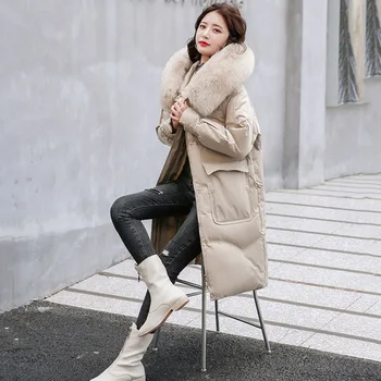  Ново дамско зимно палто с Елегантна свободна яке от бял патешко пух, с капак от висококачествена кожа Дълго палто с дебела топъл пух