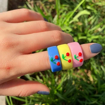  Ново сладко цветен пръстен с една жаба от полимерна глина, Пръстени от смола за момичета, Декорации с животни за жени, Лятна мода, Бижута за пътуване, Подаръци
