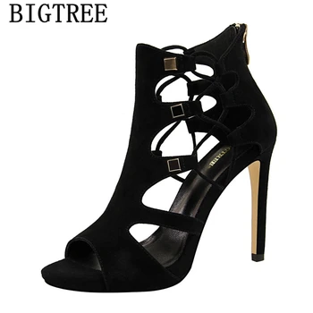  обувки bigtree сандали-гладиатори дамски официални обувки с отворени пръсти дамски сандали 2019 летни секси кожени сандали на високи токчета женски 189-2