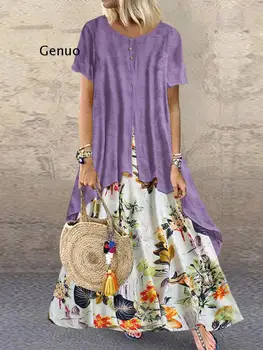  Плюс Размера на Дамско памучни ленено рокля Boho Винтажное елегантна рокля с флорални принтом Мешковатое рокля-туника с къс ръкав Лятото свободно сарафан 5XL