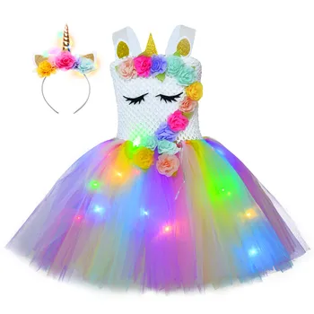  Принцеса за момичета Блестяща рокля-пакетче с единорогом Детска рисунка с led светещи рокли Крила Превръзка на главата С костюм за парти за момичета