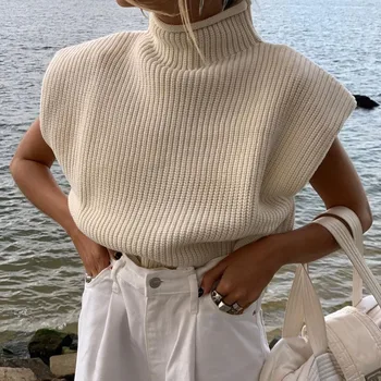  Пуловери, Дамски Блузи без ръкави Корейската мода с високо деколте на рамото Пуловери Дамски дрехи 2021 Y2K Джърси Mujer Pull Femme