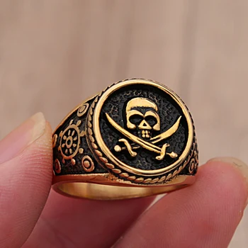  Ретро Двоен Нож Пиратски Пръстен с череп от Неръждаема стомана за мъже Пънк Златен пръстен с печаткой под формата на черепа Компас Викингите Бижута подарък Размер 7-13