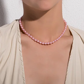  Романтичен Модерен Розов Перли на Огърлица с Висулка Верига Сребърен Цвят Огърлица за жени Момиче Сватба парти Модни бижута Подарък