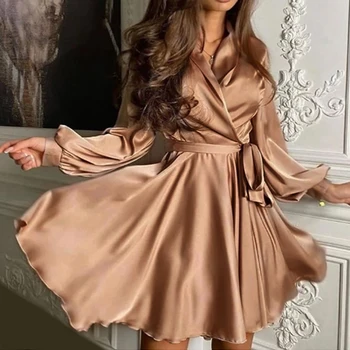  Секси колан сатен мини рокля трапецовидна форма с ръкав-фенерче в Елегантна вечерна рокля от 2021 Есенна мода дамски дрехи Градинска облекло Vestidos