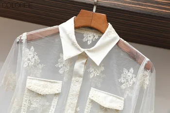  Секси обещаващи върховете Mujer 2022 Пролет Елегантни Реколта бели дантелени блузи с цветна бродерия на Дамски ризи с дълъг ръкав Дамски