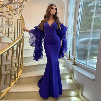  Синьо елегантна луксозна вечерна рокля с V-образно деколте и ръкави от тюл с волани с Дължина до пода Duabi Саудитска Арабия Рокля за бала по поръчка