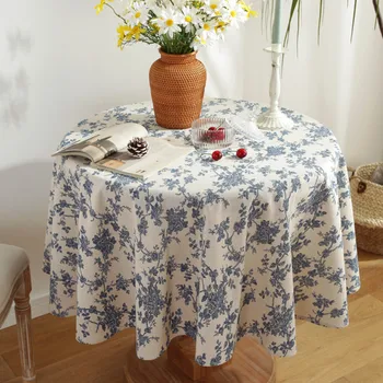  Синьото цвете Покривка за маса tapete Кръгла покривка от памук и лен Сватбена украса Новата корица на маса nappe de table