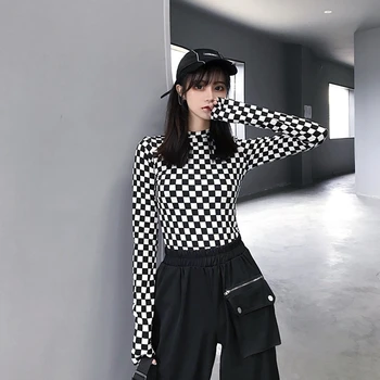  Тънка еластична риза в корейски стил, дамски клетчатая тениска с дълги ръкави, черно-бяла клетчатая тениска с тънко дъно, подходящо за всеки