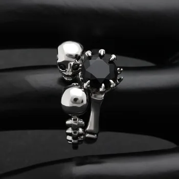  Хайнон Мъжки Комплекти, пръстени с двойно черепа Сребърен Цвят Принцеса Кройката 6 мм Черен Циркон Женски венчален пръстен Пънк, Бижута Размер 6-10