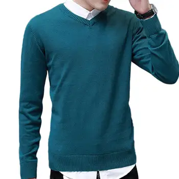  Хлопчатобумажный пуловер За мъжете Пуловери с дълъг ръкав За мъже, Монофонични V-образно деколте с дълъг ръкав Тънък пуловер Плюс Размера на Трикотаж Пуловер XXXL