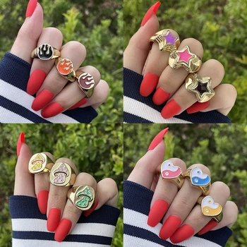  Цветни Эмалевые Реколта Корейски дамски пръстени Y2k 2021 Г., Тенденция на геометрично кръгъл пръстен с формата на сърце, Студентски двойка, Бижута, подарък за приятелката си