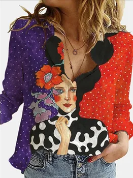  Цифрова портретна писмо с 3D-принтом ежедневни дамски блуза 2021 пролет и есен нов стил на свободна ежедневни пуговица на ревера с дълъг ръкав