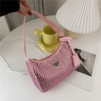  Чанти за жени от изкуствена кожа Малки чанти за рамо под мишниците Bling Bling Луксозна дизайнерска марка Дамски официални кристални чанти 2022