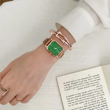  Часовници Дамски Квадратни ръчен часовник от розово злато с мрежесто каишка Модни маркови часовници Дамски дамски кварцов часовник Женски подарък Reloj Mujer