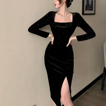  Черно бархатное дълга рокля За жени Елегантен Винтажное рокля с квадратна яка и дълъг ръкав Корейското сексуално ежедневното вечерна рокля 2021 Есен