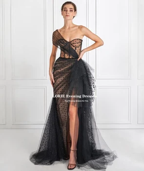  Черно на точки тюлевое вечерна рокля с едно рамо Vestidos Elegantes Para Mujer със странична цепка Дълго милото вечерна рокля за абитуриентски бал